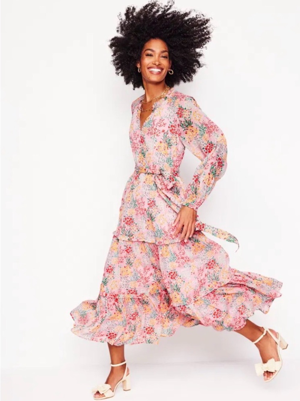 Boden Smocked Midi Pink Floral Long Sleeve Dress Size 6
